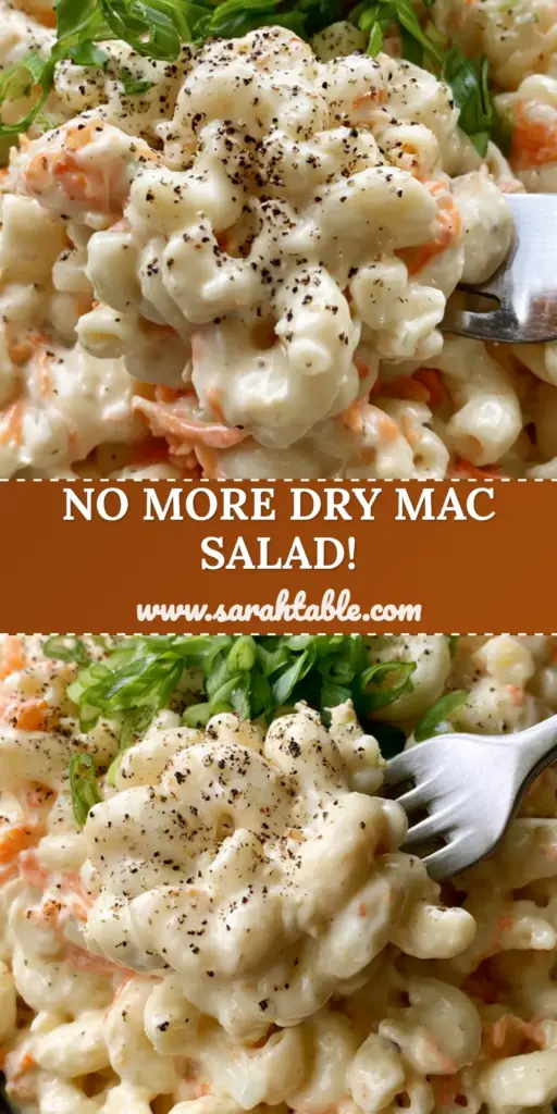 A towering mountain of Hawaiian mac salad in a dark bowl, garnished with green scallions and coarse black pepper.