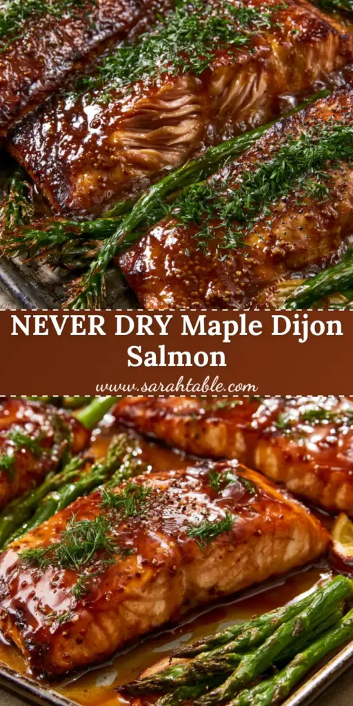 Thick Atlantic salmon fillets with a glossy amber maple dijon glaze, charred asparagus, and roasted lemon wheels on a dark metal sheet pan. (Maple dijon baked salmon)