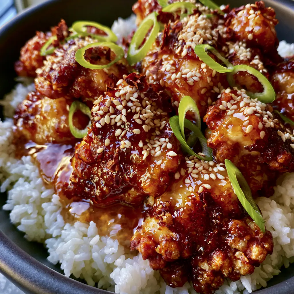 Deeply seared golden-brown chicken pieces in a matte-black bowl topped with chili flakes and sesame seeds. (Asian Dinner Recipes)