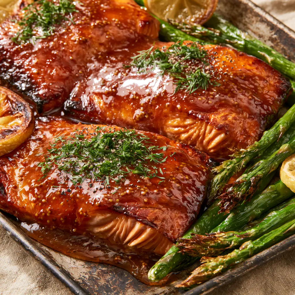 Roasted lemon slices and charred green asparagus tips next to caramelized maple dijon salmon.