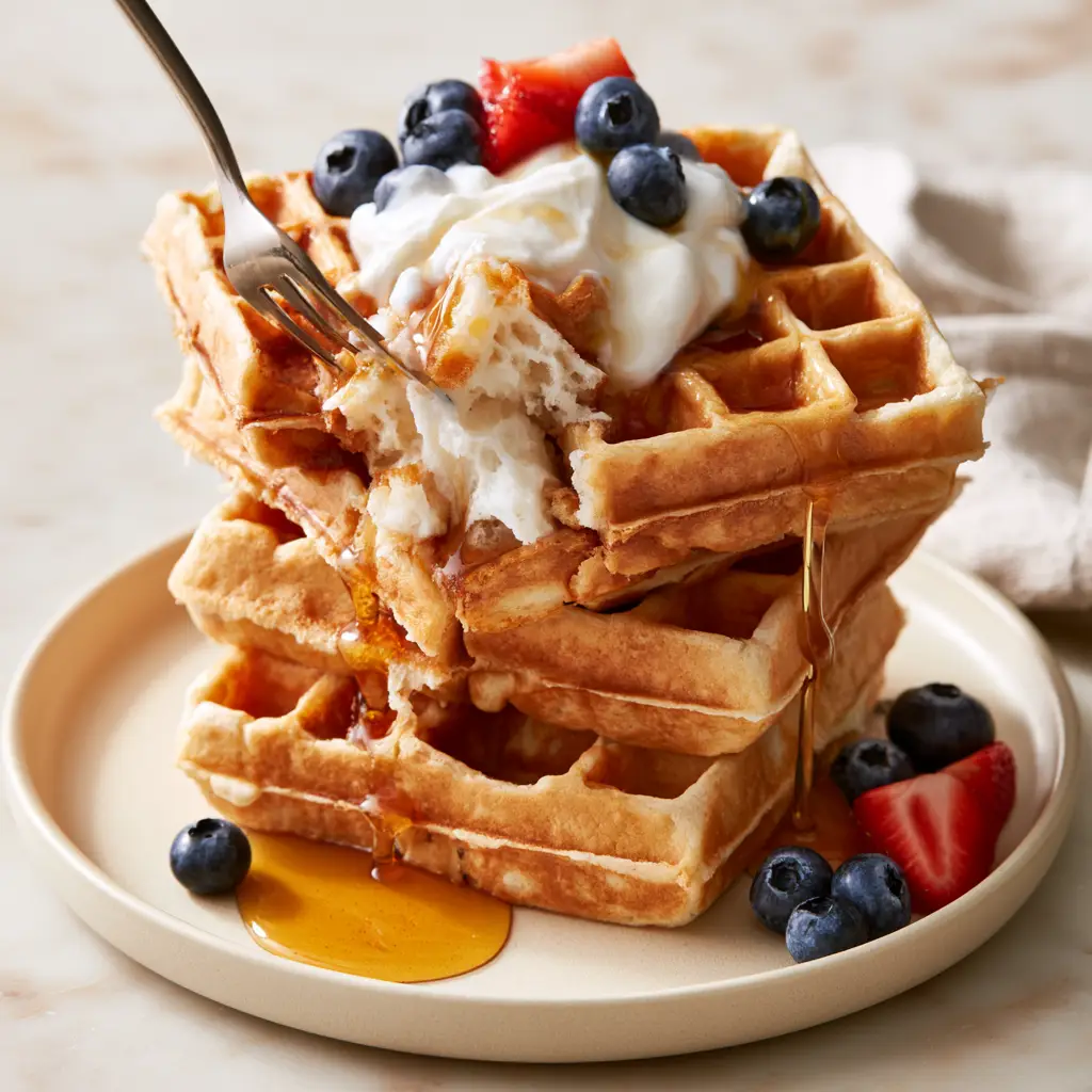 A single fork breaking off a piece of a greek yogurt waffle to reveal a steam-filled airy white interior crumb.