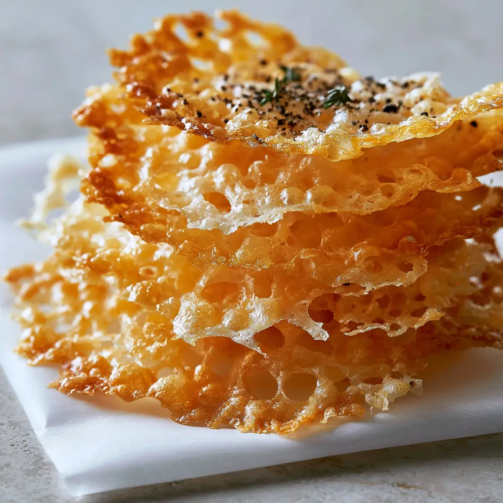 A minimalist plating of Parmesan crisps with dried thyme and black pepper on a light grey stone background.