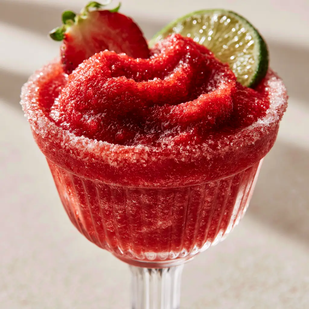 Close up of a ruby-red Frozen Strawberry Margarita showing no ice chunks and a lime wheel garnish.