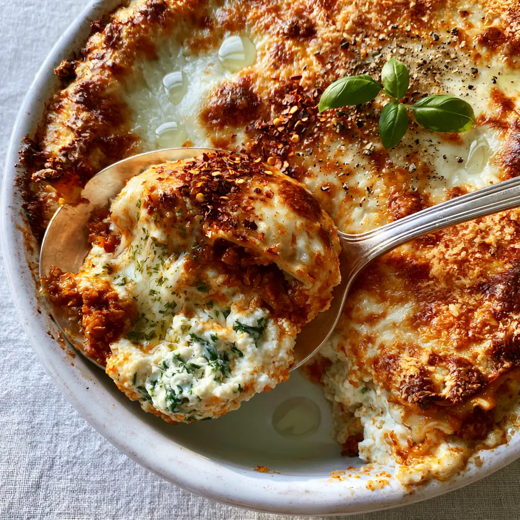 Top view of a toasted parmesan and mozzarella crust with fresh basil and chili flakes on lasagna.