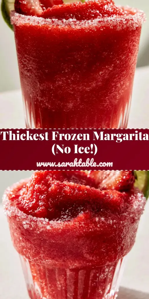 An ultra-thick Frozen Strawberry Margarita in a ribbed glass with a sugar-salt rim and fresh garnishes.