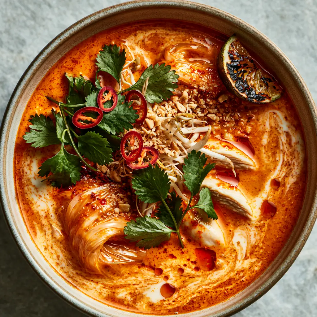 A ceramic bowl of Thai red curry noodle soup garnished with bean sprouts, crushed peanuts, and bird's eye chilis.