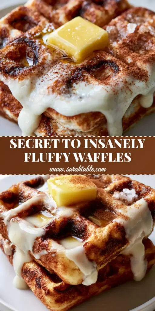 A stack of two thick Belgian Cinnamon Waffles with caramelized swirls, a melting butter pat, and thick white cream cheese glaze dripping down.