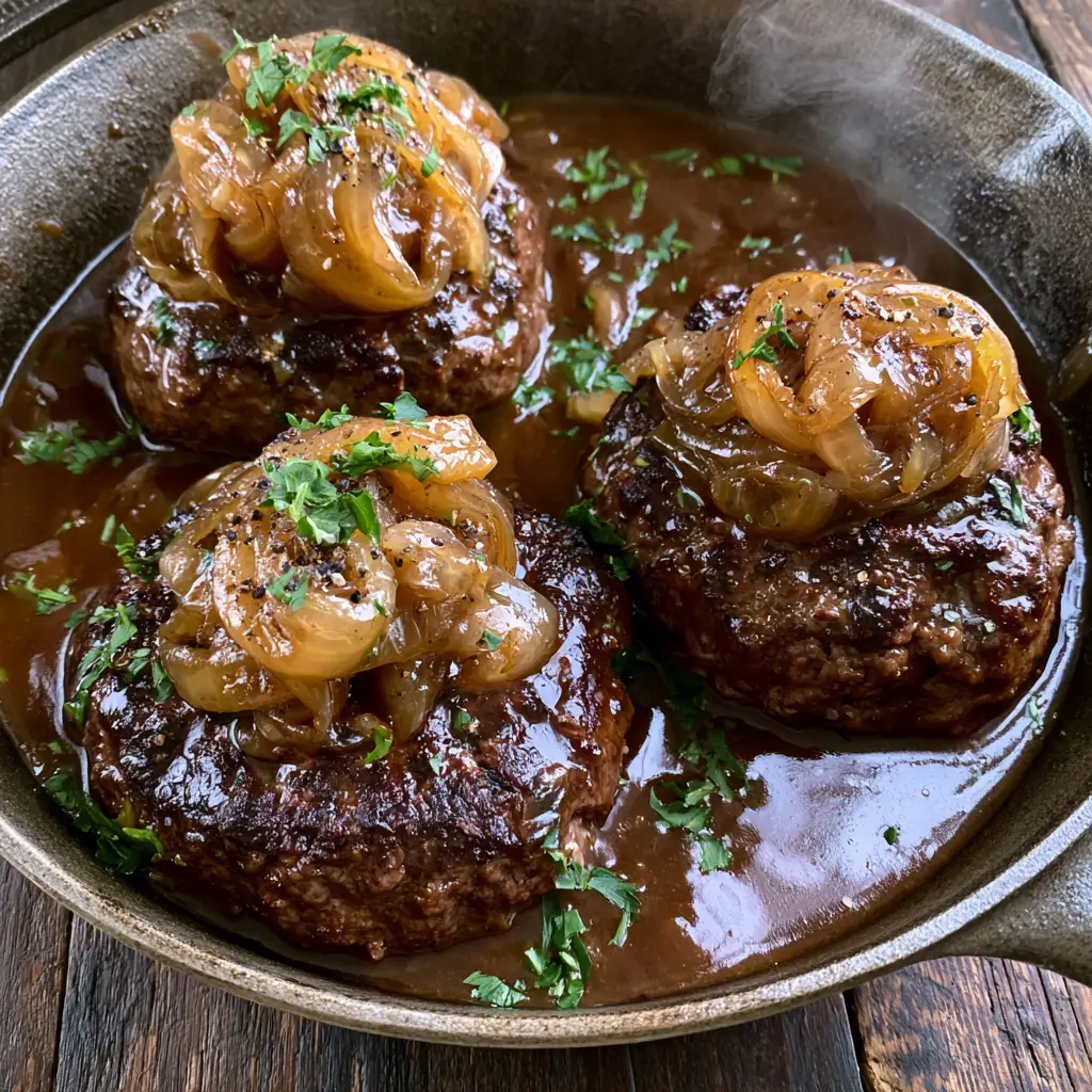 Thick hamburger steaks nestled in thick mahogany gravy topped with translucent jammy onion ribbons.