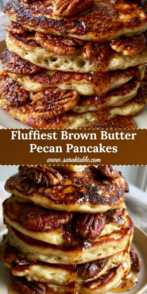 A towering stack of five ultra-thick brown butter pecan pancakes with melting salted butter and amber syrup. (brown butter pecan pancakes)
