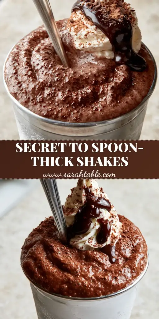 A thick dark chocolate milkshake in a frosted stainless steel cup with a silver spoon standing upright. (chocolate milkshake recipes)