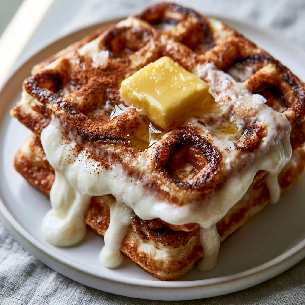 High-angle shot of Belgian Cinnamon Waffles with a thick opaque white glaze mid-drip over a matte white plate.