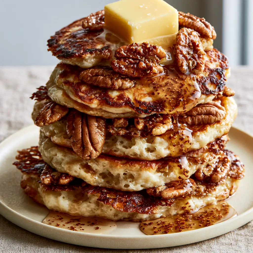Viscous amber brown butter syrup with toasted specks cascading down a stack of pecan pancakes.