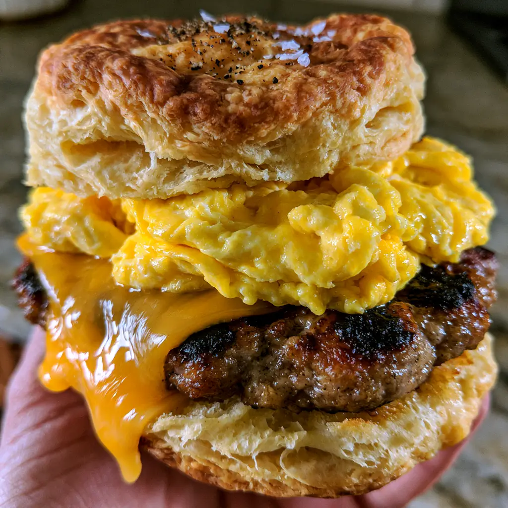 A hand holding a tall egg biscuits sandwich showing the layered flaky interior of the buttermilk biscuit.