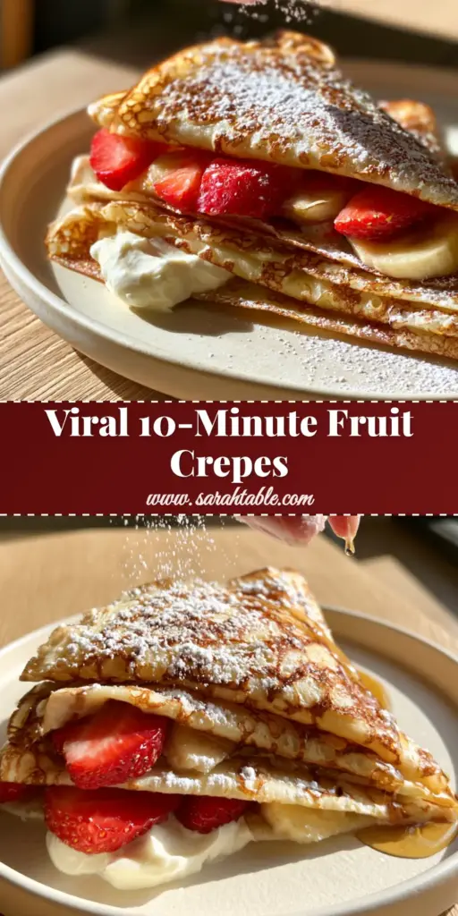 A stack of three fruit crepes folded into triangles, topped with fresh strawberries, bananas, and a heavy dusting of powdered sugar on a cream plate.