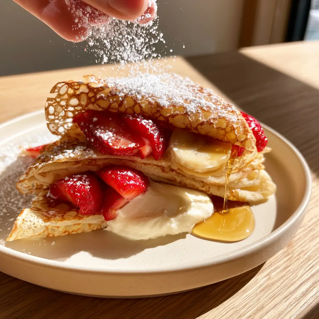 Close-up of golden-brown lacy edges on fruit crepes filled with strawberries and cream cheese.