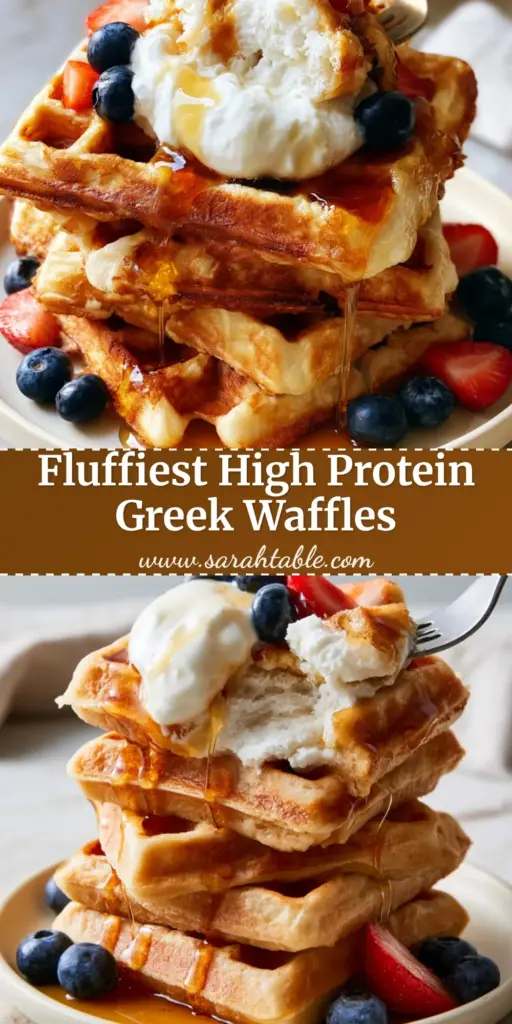 A tall stack of four thick golden-brown Belgian greek yogurt waffles with a yogurt dollop and berries on a marble counter.