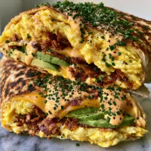 Extreme close-up of a viral breakfast wrap with golden toasted tortilla and fluffy yellow scrambled eggs. (breakfast recipes)