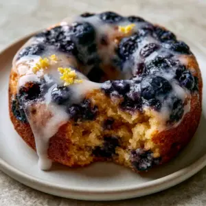 Macro shot of a baked blueberry donut with a bite taken out, showing indigo blueberries and dense crumb.