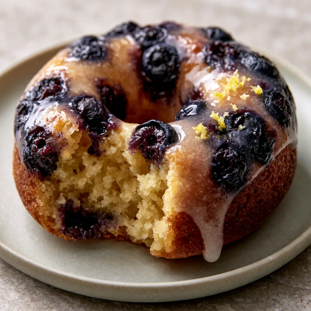 Close up of vanilla glaze dripping down a golden baked blueberry donut with lemon zest.