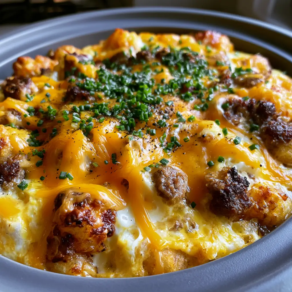 Aerial view of a slow cooker filled with fluffy eggs, melted sharp cheddar, and fresh green chives for overnight crockpot breakfast recipes.