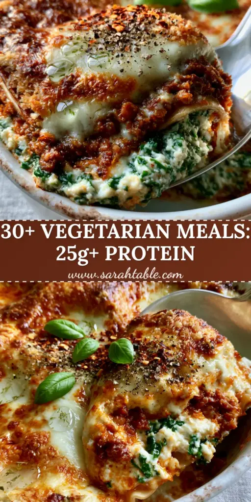 Close-up of a high-protein vegetarian lasagna with red lentil bolognese and a bubbling cheese crust. (high-protein vegetarian meals)