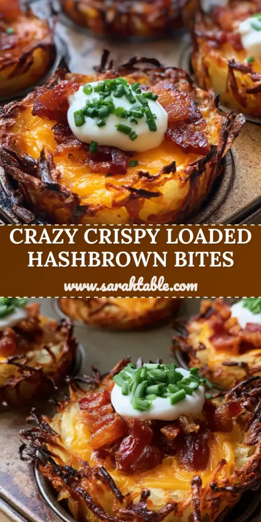 A close-up of handheld loaded hashbrown bites in a dark metal muffin tin with crispy bacon, melted cheddar, and chives.