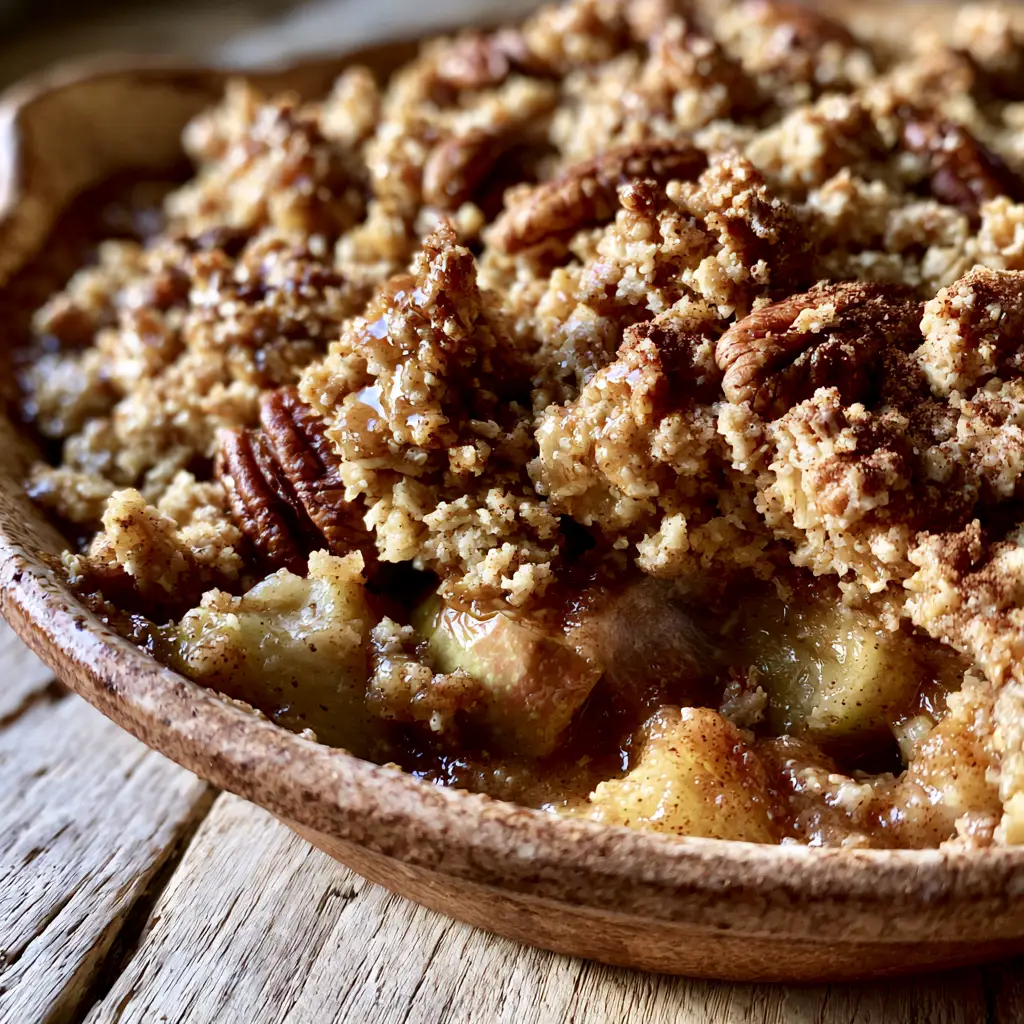 A scoop of Breakfast Crumble revealing the jammy caramelized apple interior and steam. (Breakfast Crumble)