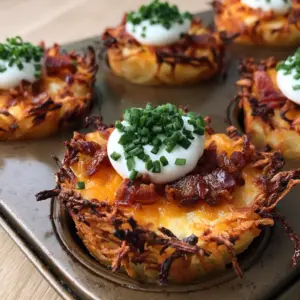 A handheld smartphone photo showing the golden-brown crispy edges of loaded hashbrown bites topped with sour cream and chives.