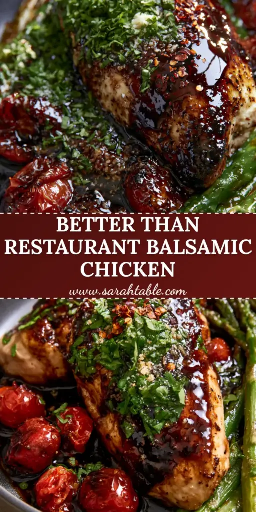 A stunning close-up of Balsamic Chicken with a dark mahogany glaze, blistered cherry tomatoes, and roasted asparagus in a grey bowl.