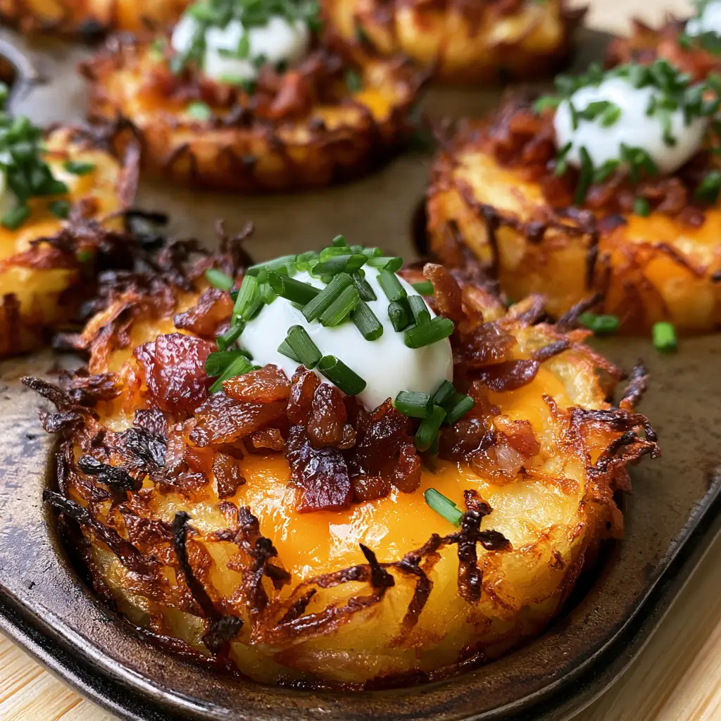 Detailed view of the melted sharp cheddar and crispy double-smoked bacon bits on a hashbrown bite.