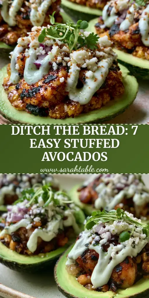 A close-up high-angle photo of three ripe avocado halves stuffed with blackened shrimp and corn on a rustic plate. (avocado meals)