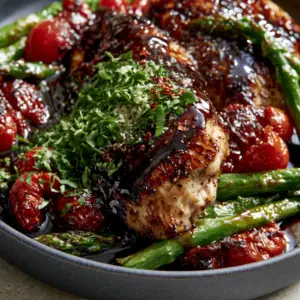 Hero shot of succulent pan-seared Balsamic Chicken with reflective glaze and fresh basil garnish.