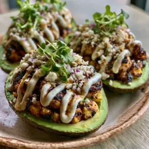 Overhead view of stuffed avocado halves with zigzag crema drizzle and micro-cilantro. (avocado meals)