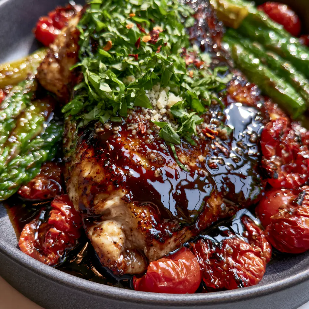 Close up of blistered cherry tomatoes and roasted asparagus spears alongside glazed chicken.