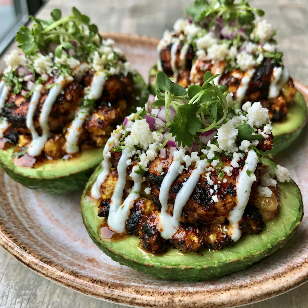 A smartphone photo of shrimp stuffed avocados with charred corn and cotija cheese.