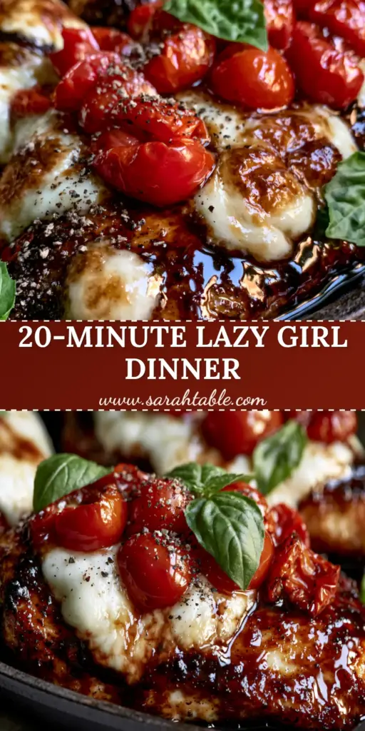A rustic cast iron skillet filled with golden-brown balsamic chicken topped with molten mozzarella, blistered cherry tomatoes, and fresh basil ribbons.