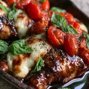 Macro close-up of a seared chicken breast coated in a high-gloss dark mahogany honey balsamic glaze. (balsamic chicken)