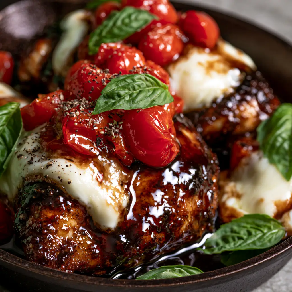 Molten white mozzarella cheese patches melting over balsamic chicken with vibrant green basil ribbons. (balsamic chicken)