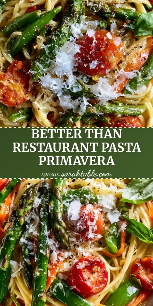 A close-up shot of Pasta primavera in a white bowl featuring glistening linguine, charred asparagus tips, and blistered cherry tomatoes garnished with parmesan.