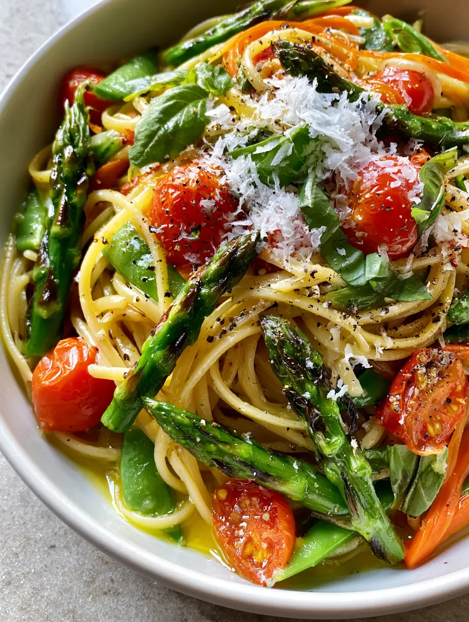 Macro top-down view of Pasta primavera showing the silky translucent lemon garlic butter sauce and torn basil leaves.
