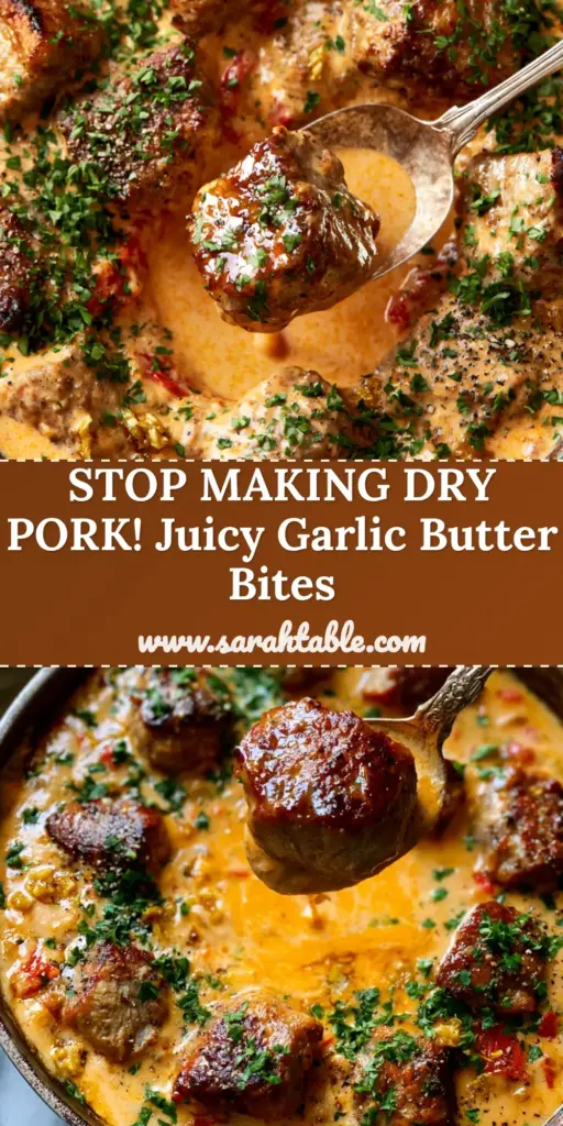 A tall Pinterest pin image showing a cast iron skillet of Pork Bites with Creamy Bell Pepper Sauce, garnished with fresh parsley and black pepper.
