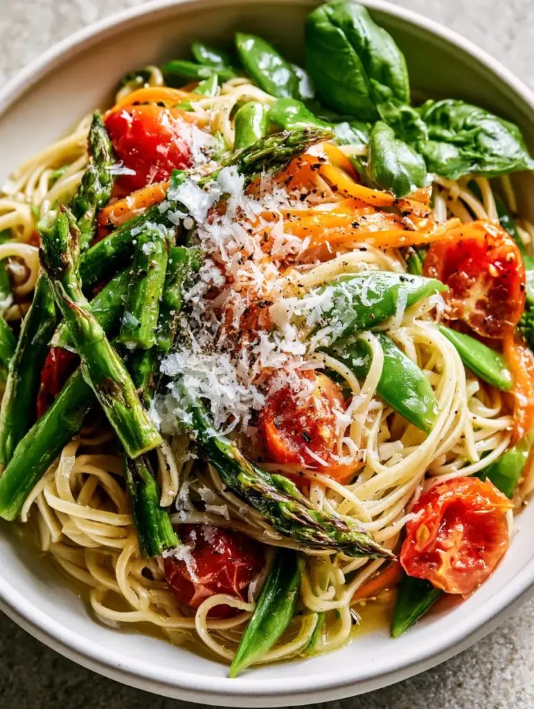 Glistening linguine strands in a matte white bowl with carrot ribbons and snap peas. (Pasta primavera)
