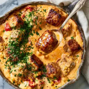 Overhead high-angle shot of a rustic cast iron skillet filled with juicy pork bites in a vibrant pale orange cream sauce. (Pork Bites with Creamy Bell Pepper Sauce)