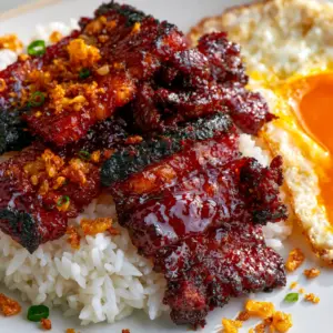 Extreme close-up of glistening, deep red Filipino Pork Tocino slices with charred edges.