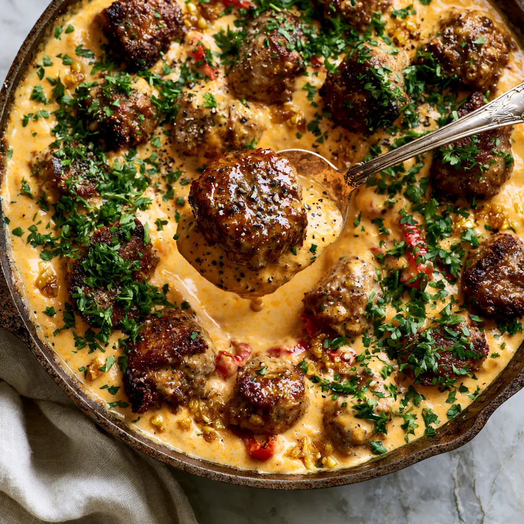 A close-up of a vintage silver spoon lifting a glistening pork bite from a cast iron skillet, showing the sauce dripping. (Pork Bites with Creamy Bell Pepper Sauce)