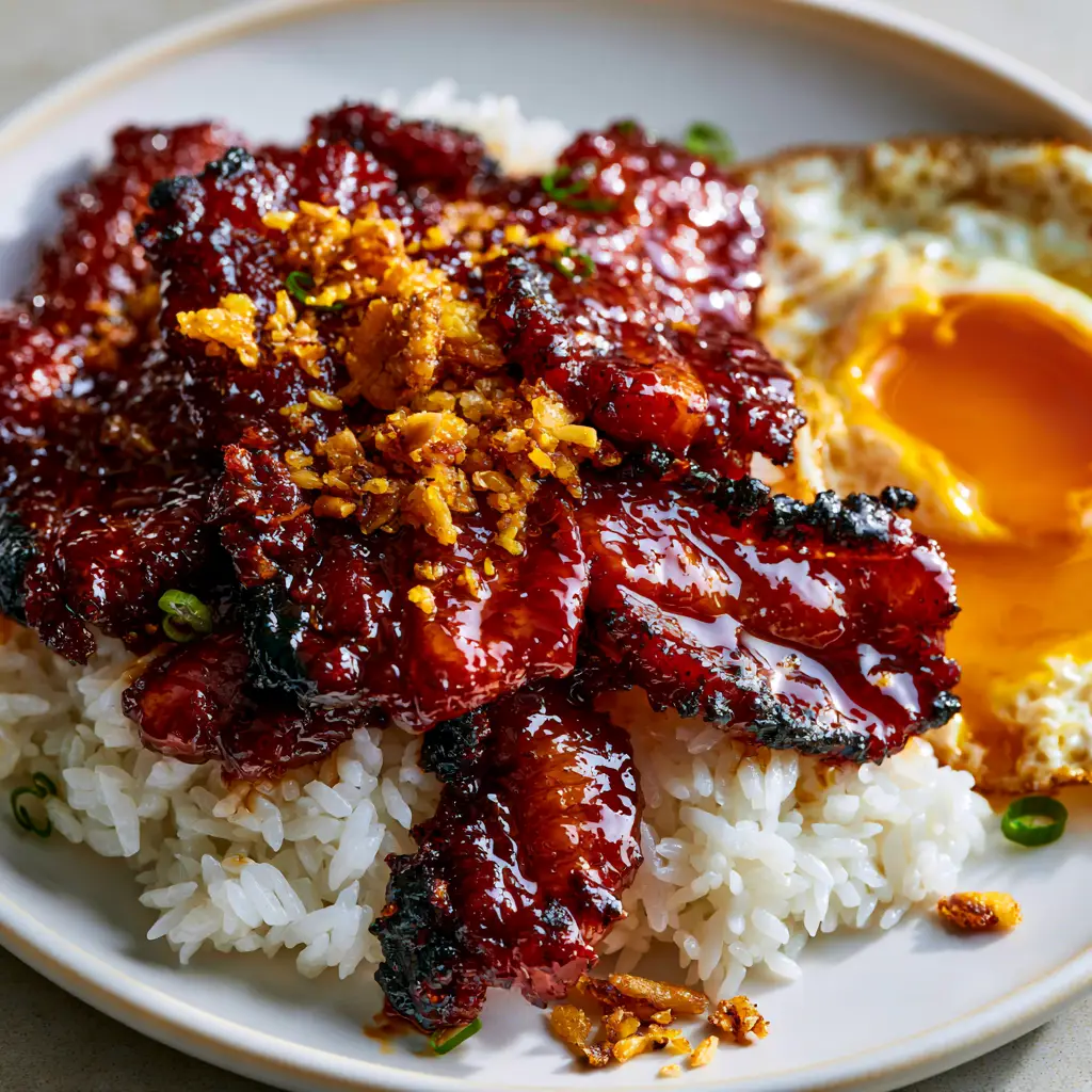 Slices of air-fried pork tocino layered over garlic fried rice with toasted garlic bits.