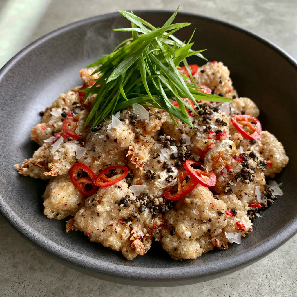 Salt and pepper pork bites tossed with silvered garlic and red bird's eye chilies.