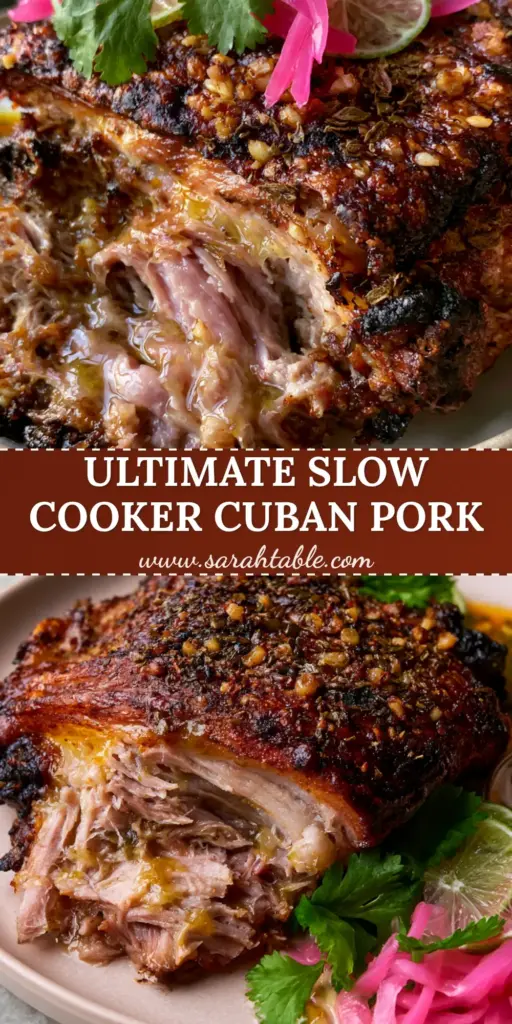 A close-up of Cuban Roast Pork with crispy mahogany skin and bright pickled red onions on a grey stone background. (Cuban Roast Pork)
