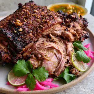A large piece of slow-cooked Cuban Roast Pork showing shredded juicy fibers and charred skin. (Cuban Roast Pork)