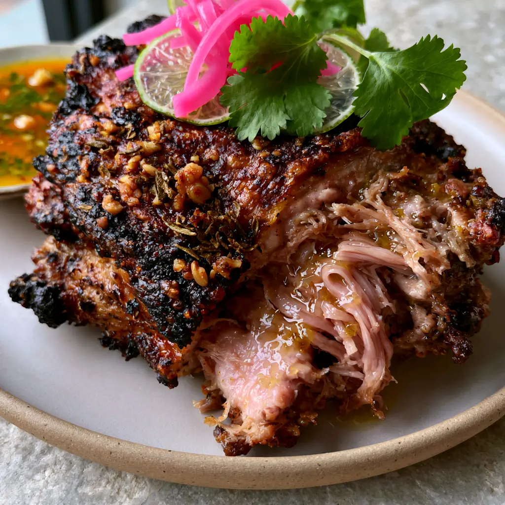 Cuban Roast Pork served with lime wheels and fresh cilantro on a minimalist platter.